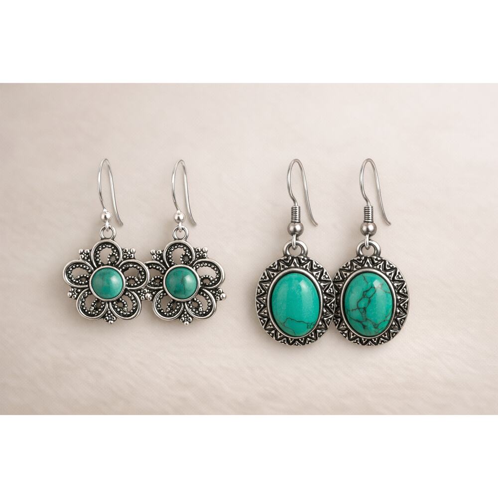 Fine Silver‑Plated Turquoise Earrings Set – Floral & Oval Designs – Boho NEW